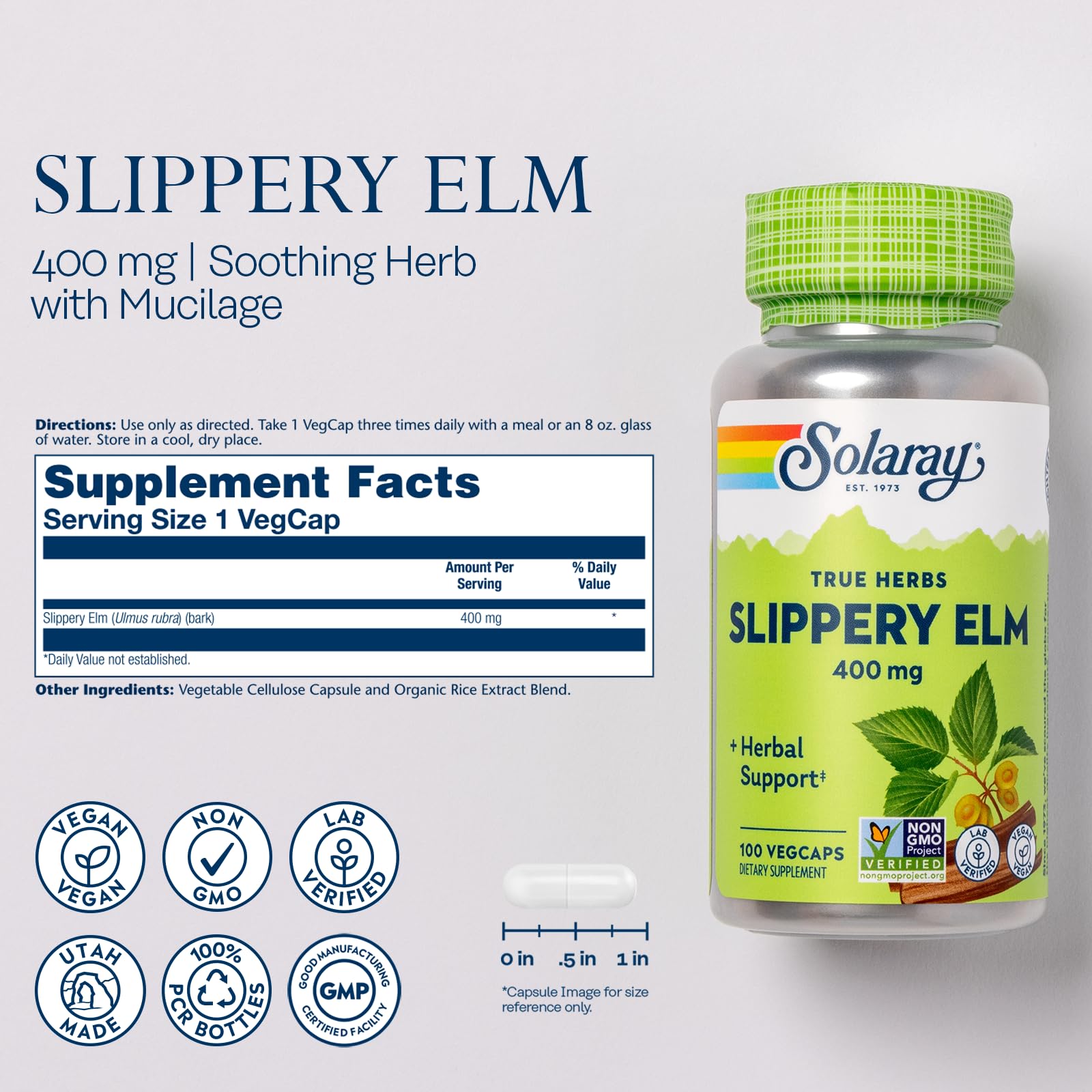 SOLARAY Slippery Elm Bark Capsules being poured for easy daily dose