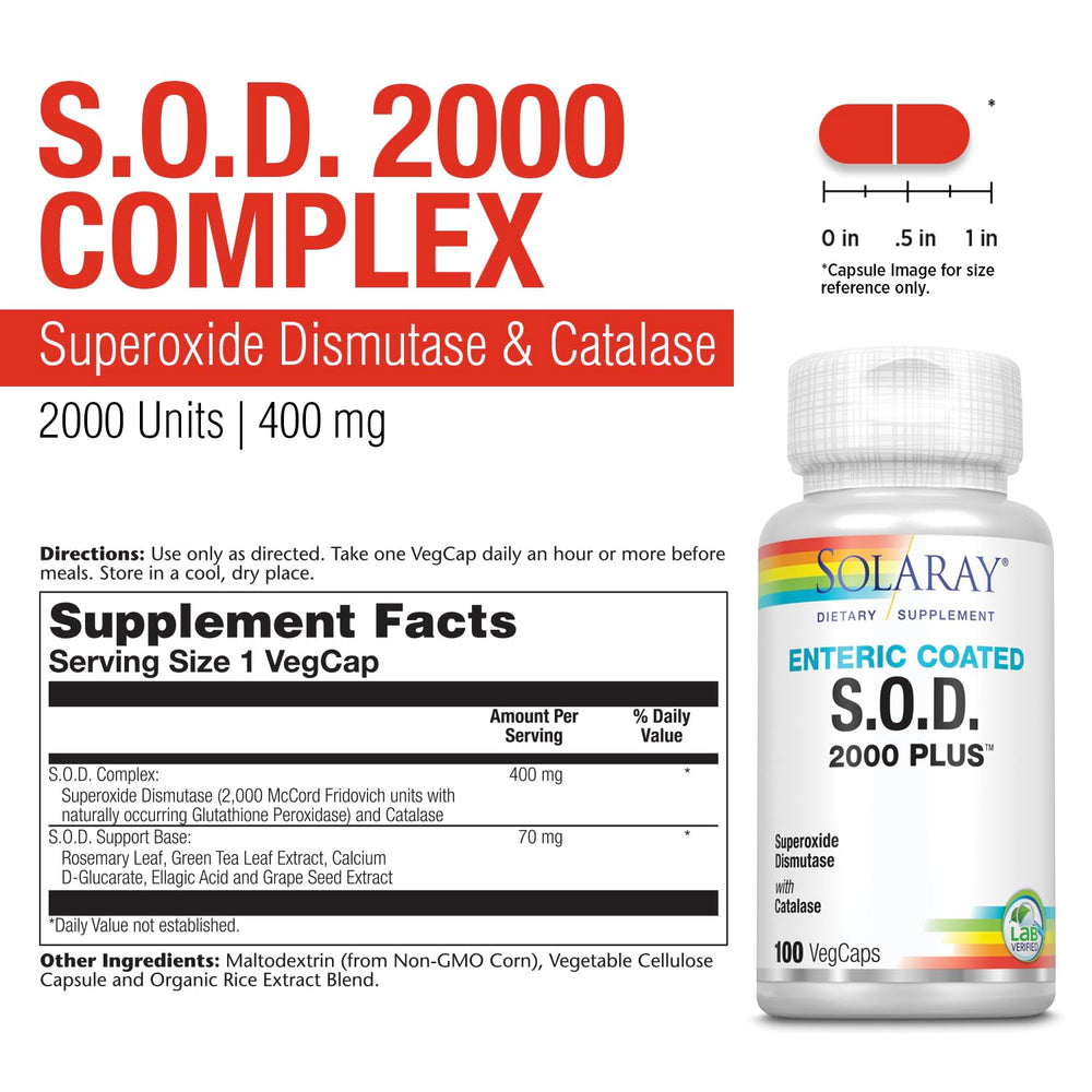 Solaray S.O.D. 2000 Plus capsules close-up with enteric coating for digestion.