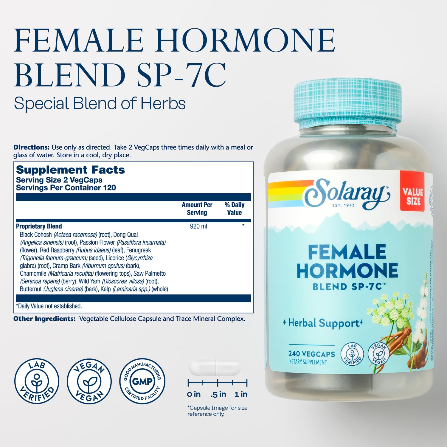 Solaray SP-7C capsules with label highlighting vegan formula for balance.