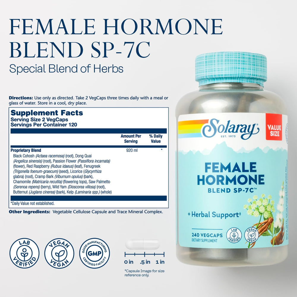 Solaray SP-7C capsules with label highlighting vegan formula for balance.