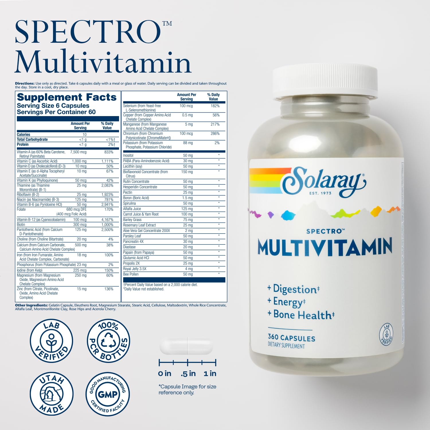 Solaray Spectro multivitamin tablet closeup highlights iron and minerals for vitality.
