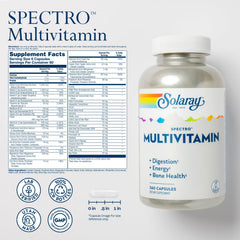 Solaray Spectro multivitamin tablet closeup highlights iron and minerals for vitality.