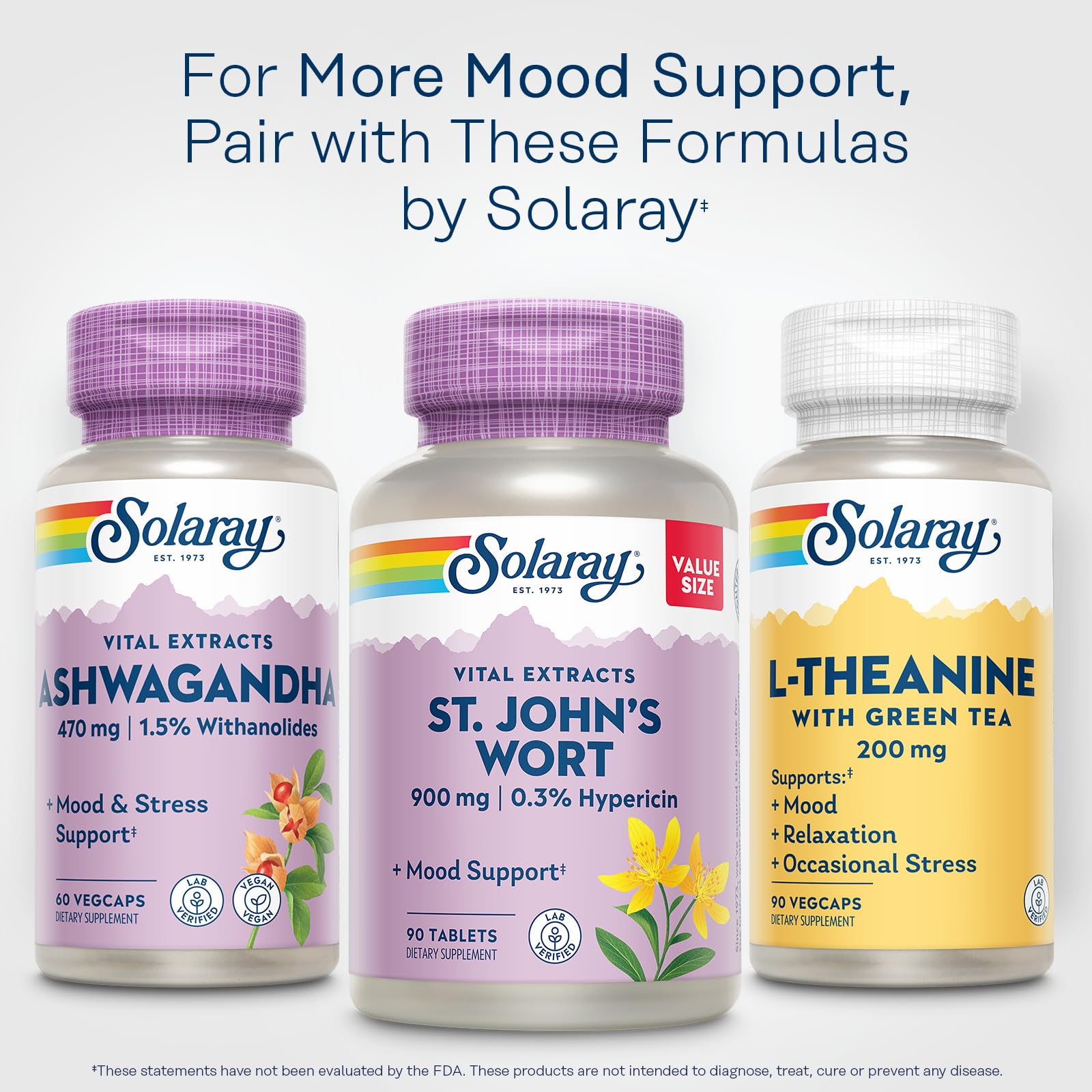 SOLARAY St. John's Wort bottle with tablet visible.