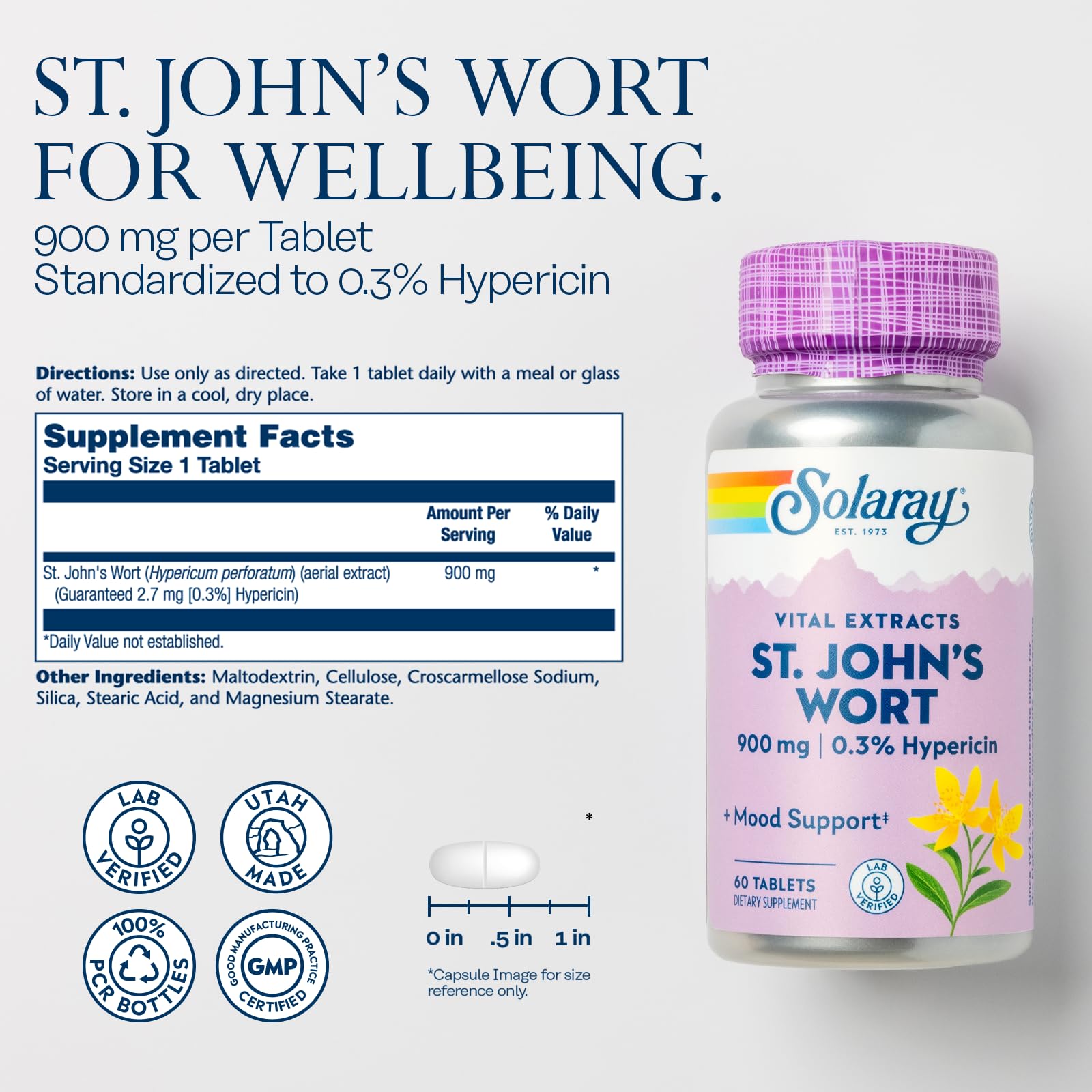 Solaray St. John's Wort tablets close-up, highlighting standardization for consistent potency.