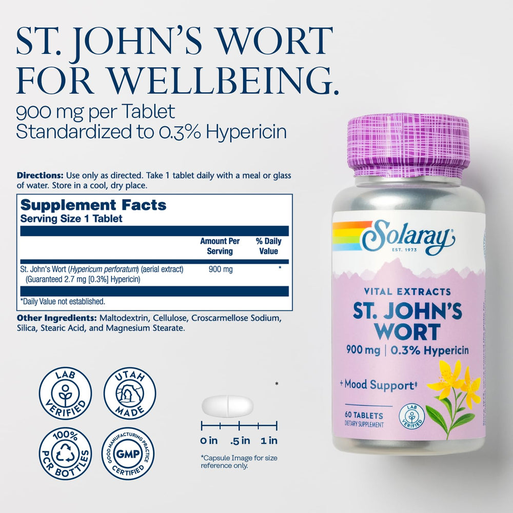 Solaray St. John's Wort tablets close-up, highlighting standardization for consistent potency.