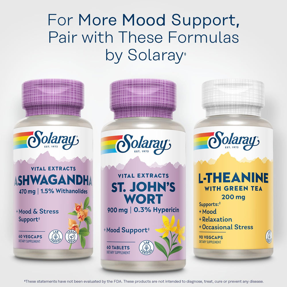 Solaray St. John's Wort product scene in a wellness setup, suggesting mood support during life changes.