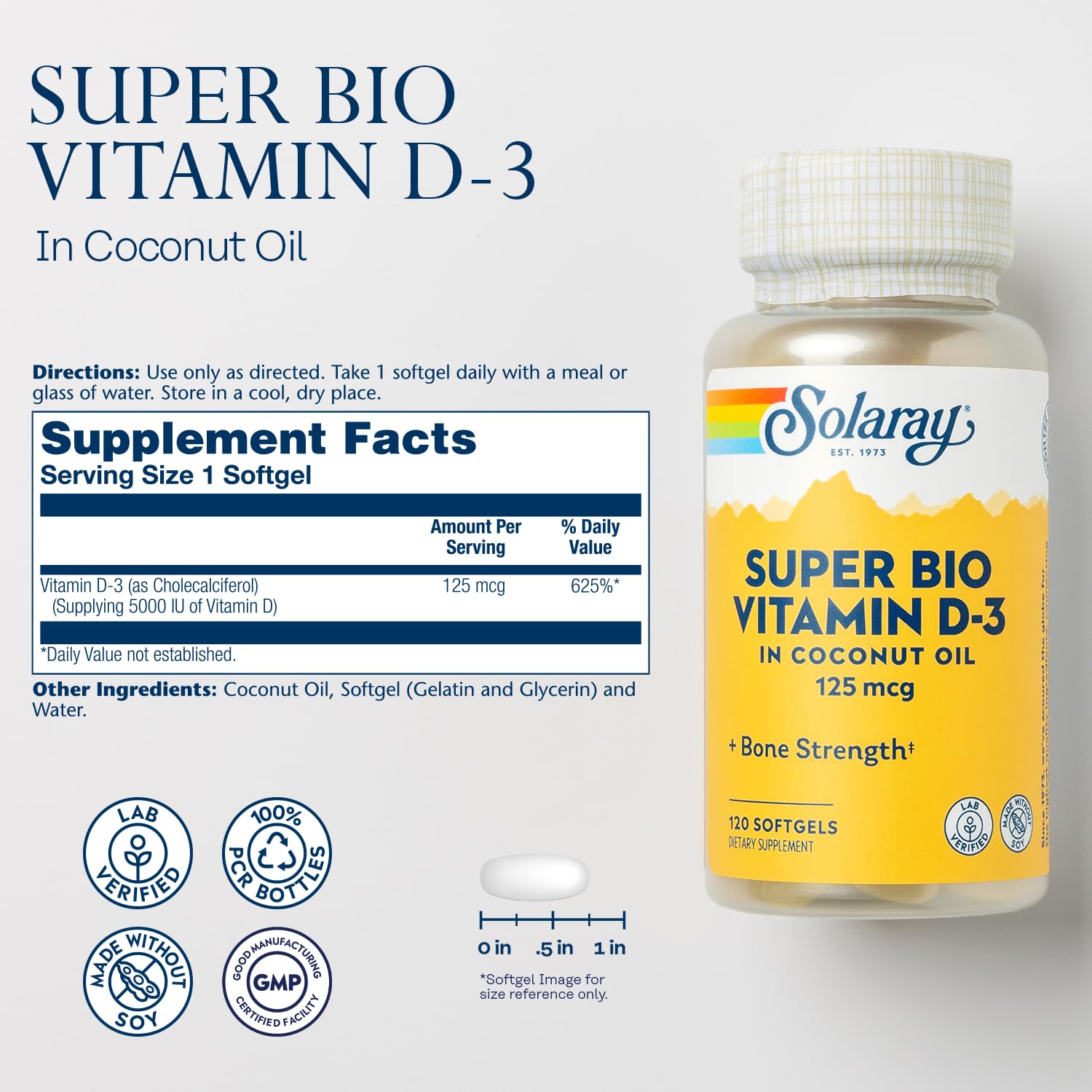 SOLARAY Vitamin D3 coconut oil label close-up highlighting high potency
