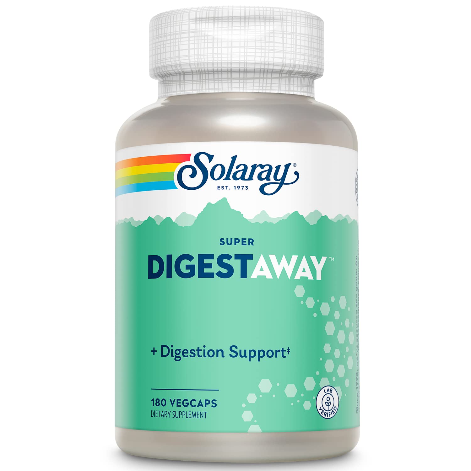 SOLARAY Super Digestaway bottle label close-up highlighting digestion-supporting enzymes