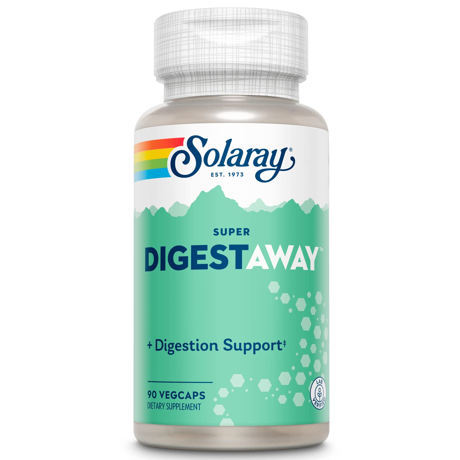SOLARAY Super Digestaway bottle shown, signaling comprehensive digestive enzyme support.
