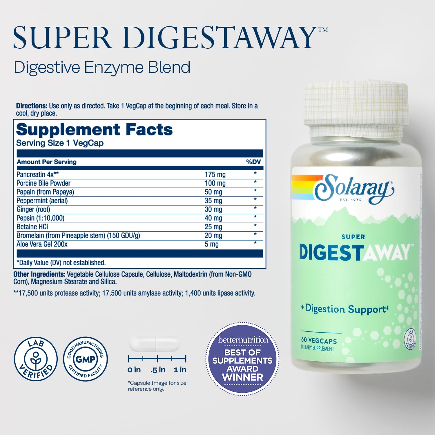 SOLARAY Super Digestaway capsules closeup highlighting enzyme blend.