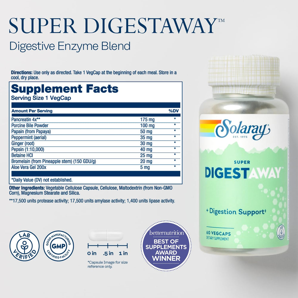SOLARAY Super Digestaway capsules closeup highlighting enzyme blend.