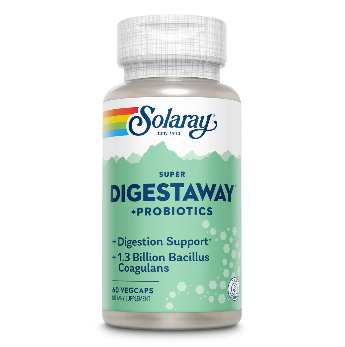 SOLARAY Super Digestaway Plus bottle front signaling digestion support after meals.