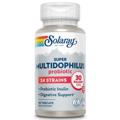 SOLARAY Super Multidophilus bottle shows the 24-strain probiotic formula for gut support