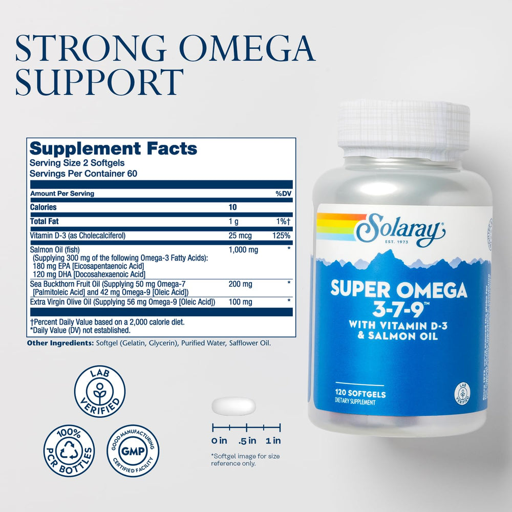 Solaray Omega-3-7-9 softgels close-up showing small capsules for easy swallowing