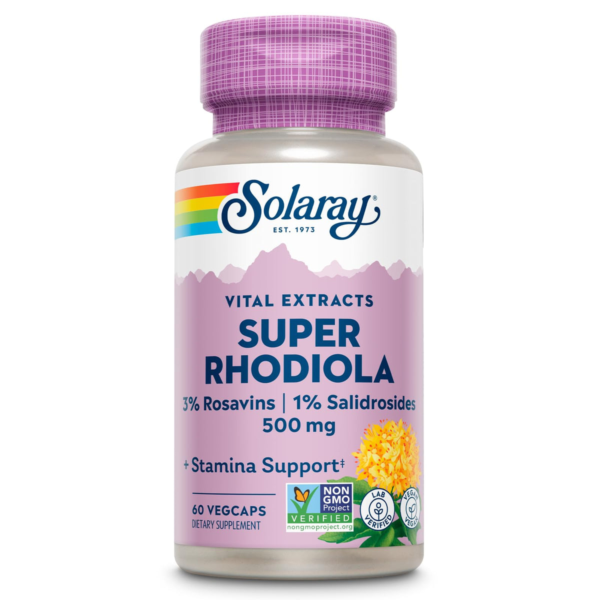 SOLARAY Super Rhodiola 500mg bottle on a shelf supports daily stamina and focus.