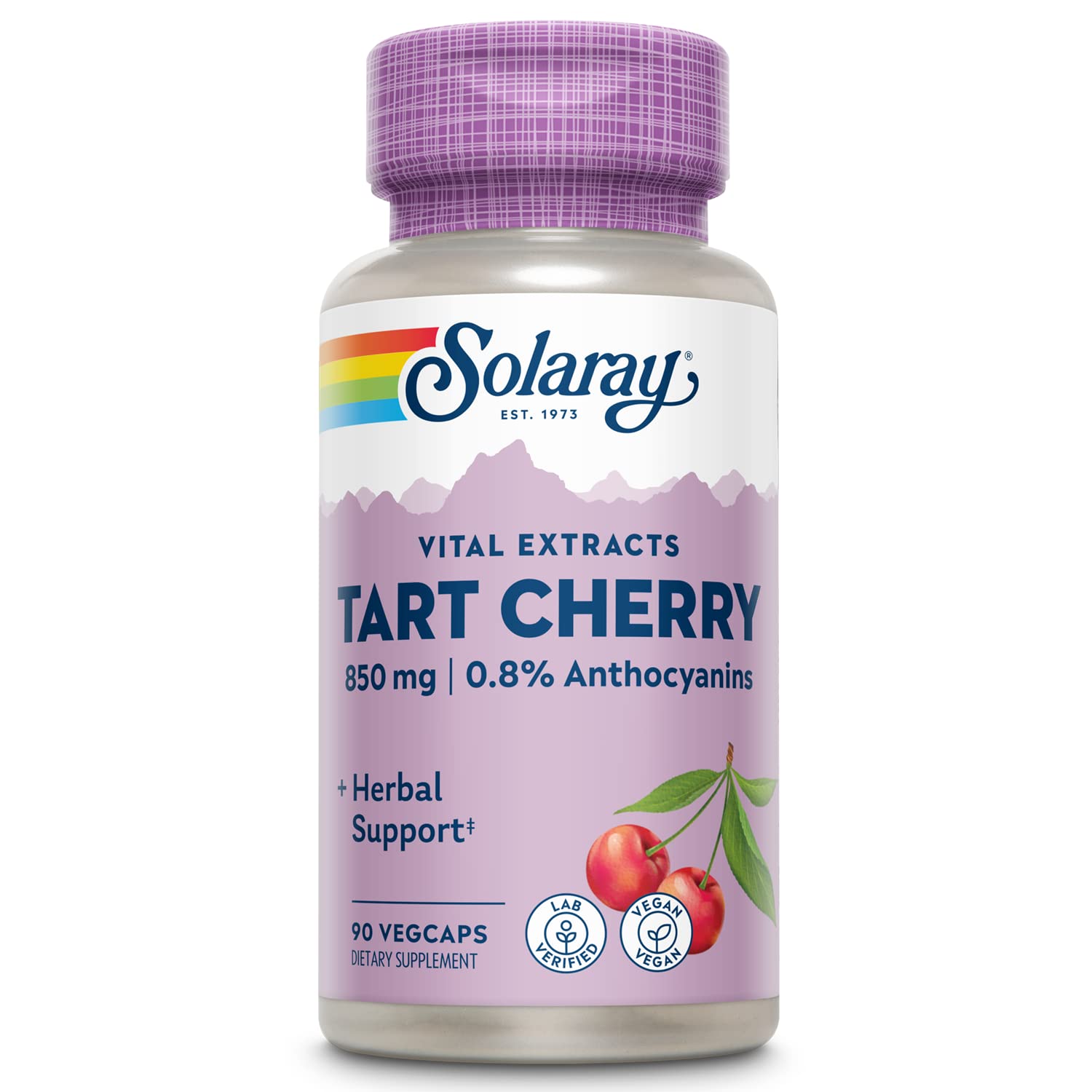 SOLARAY Tart Cherry Capsules bottle showing 850 mg for daily wellness