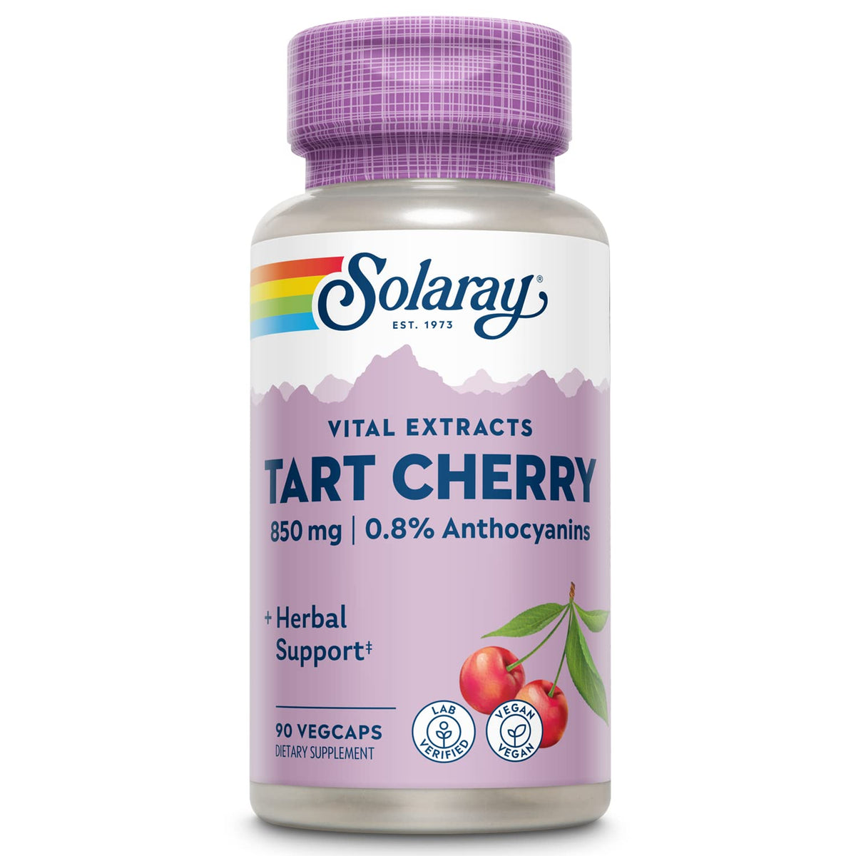 SOLARAY Tart Cherry Capsules bottle showing 850 mg for daily wellness