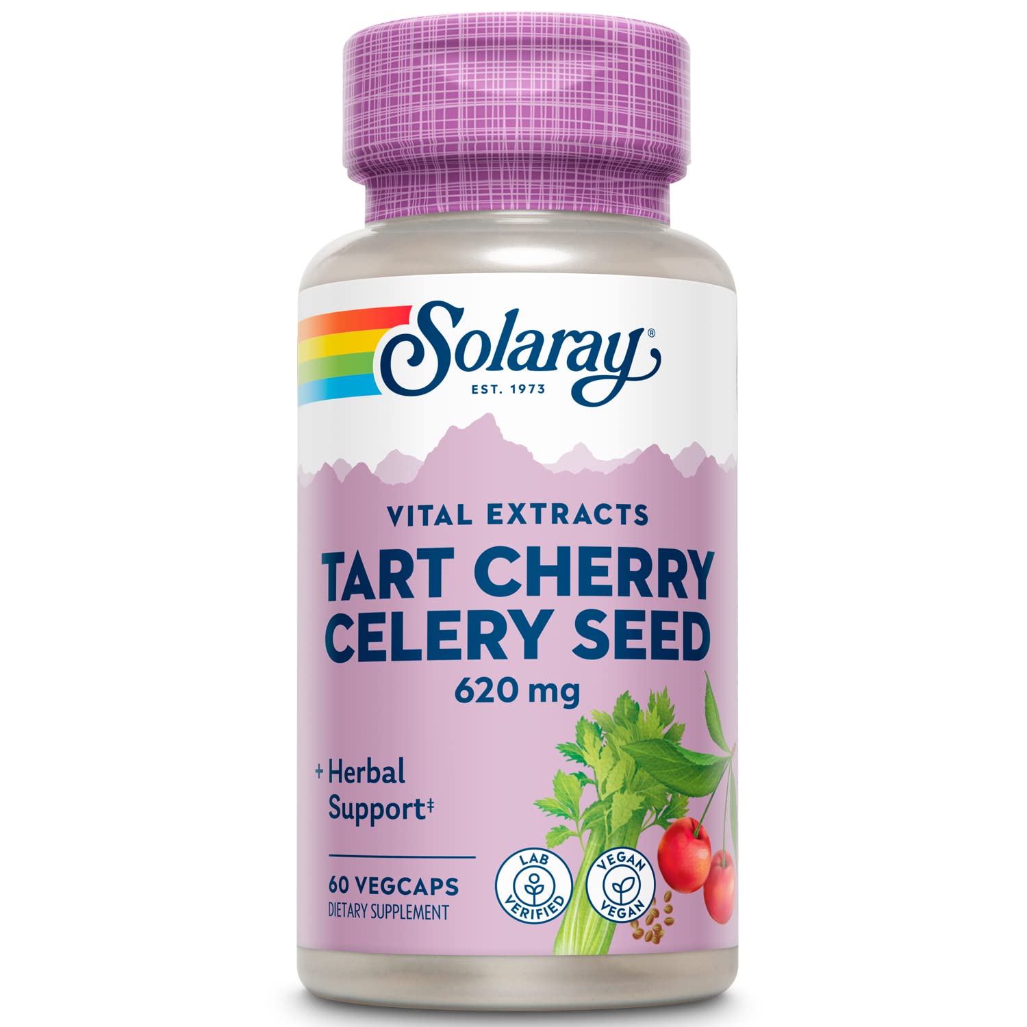 Close-up of SOLARAY Tart Cherry Celery Seed capsules, vegan-friendly cap