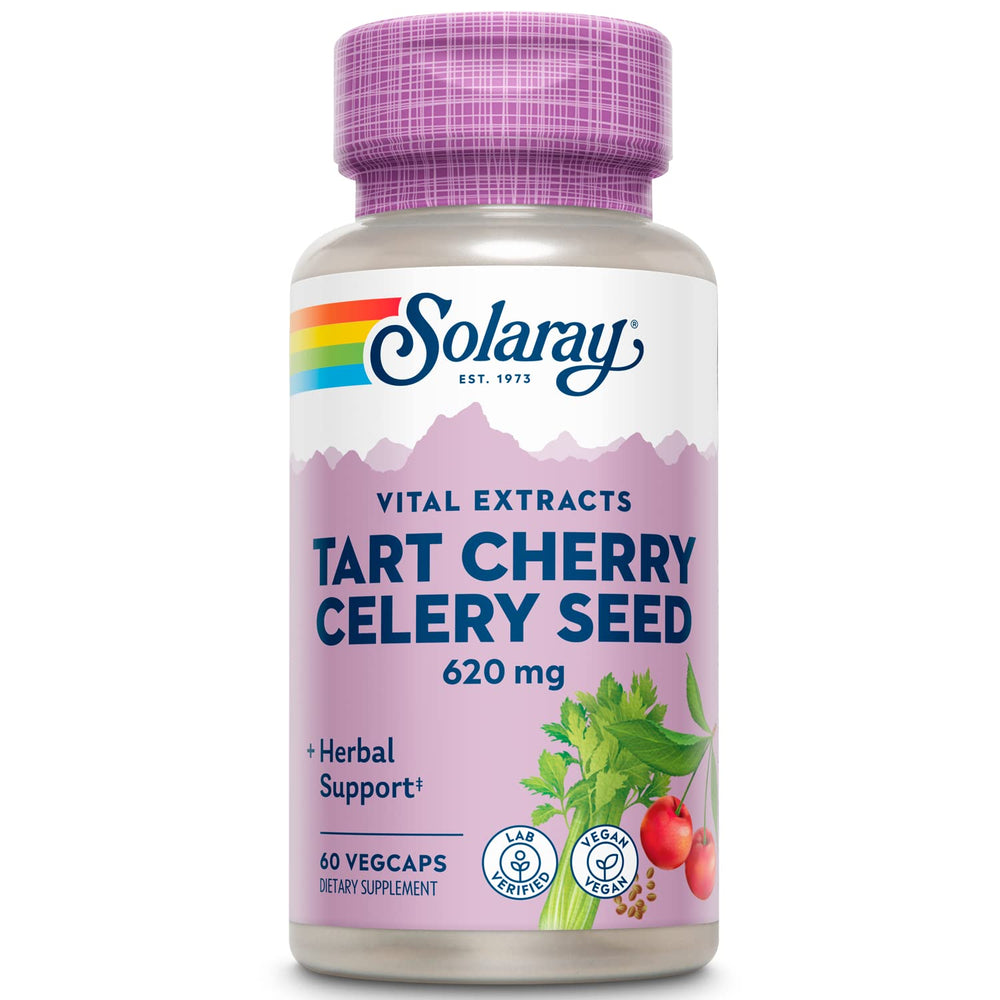 Close-up of SOLARAY Tart Cherry Celery Seed capsules, vegan-friendly cap