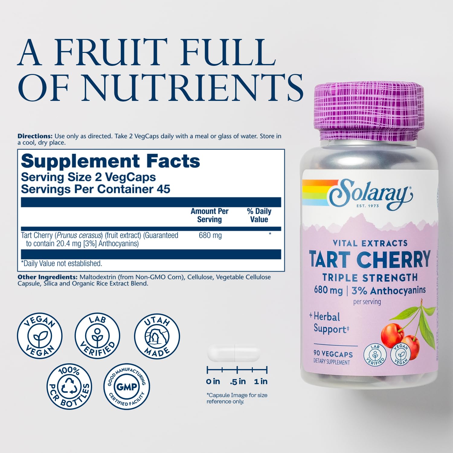 SOLARAY Tart Cherry Extract capsules close-up highlighting vegan capsules