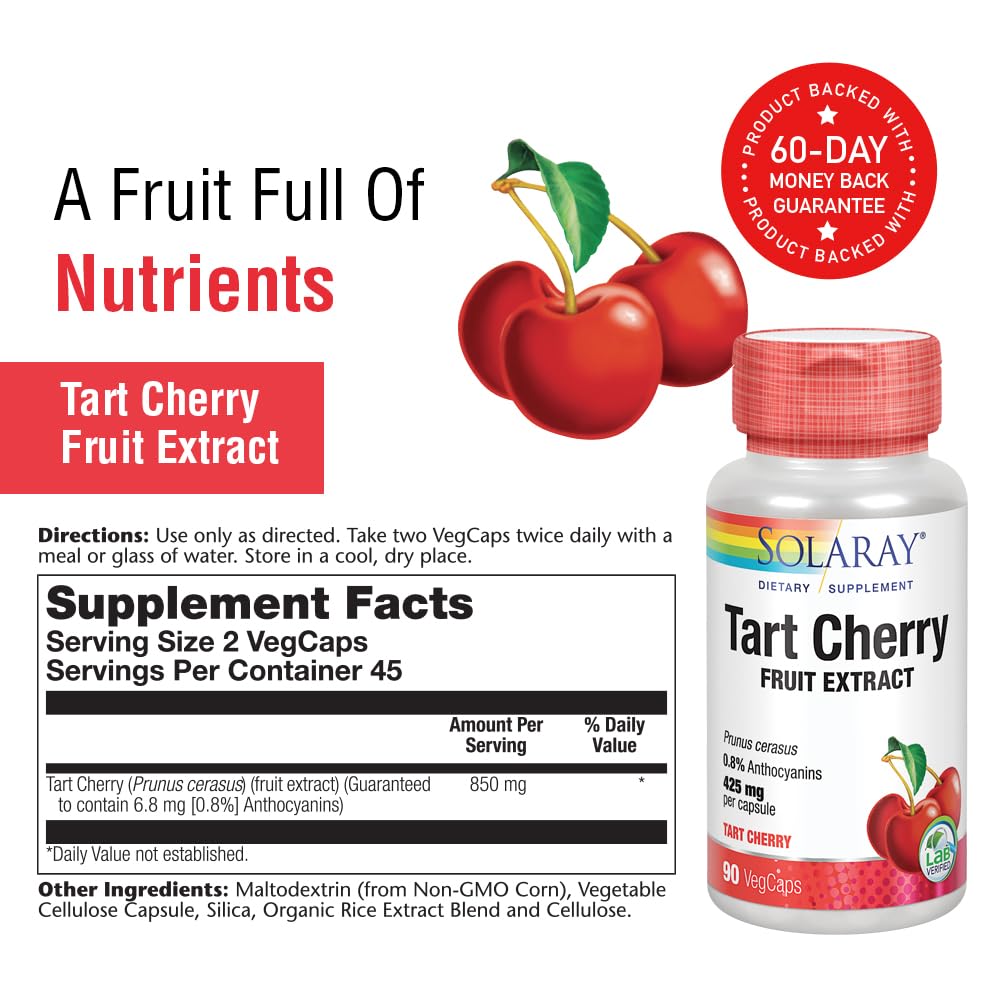Close-up of SOLARAY Tart Cherry Capsules label highlighting 0.8% anthocyanins