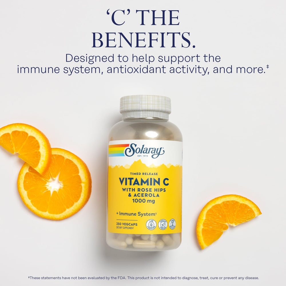 SOLARAY time release capsules close up suggests steady vitamin C delivery.