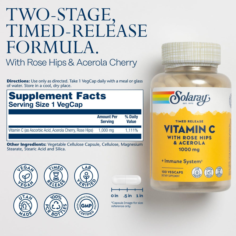 Solaray time-release technology visual indicating all-day vitamin C availability.