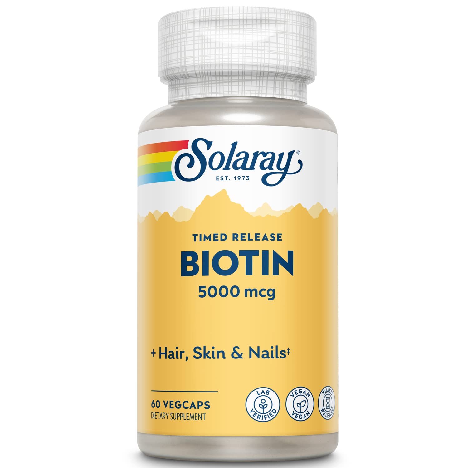Solaray Timed-Release Biotin bottle close-up highlights packaging and potency.