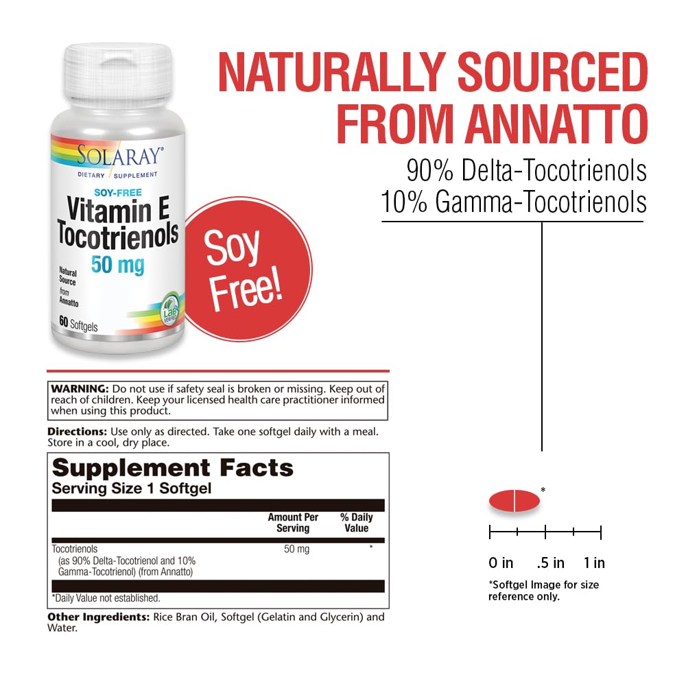 SOLARAY Tocotrienols bottle back label listing ingredients and dosage guidance for safety.
