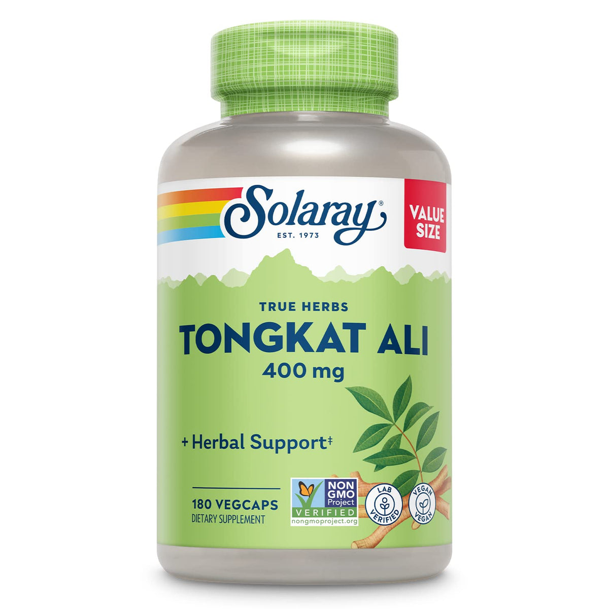 SOLARAY Tongkat Ali bottle front showing vegan, non-GMO formula for vitality