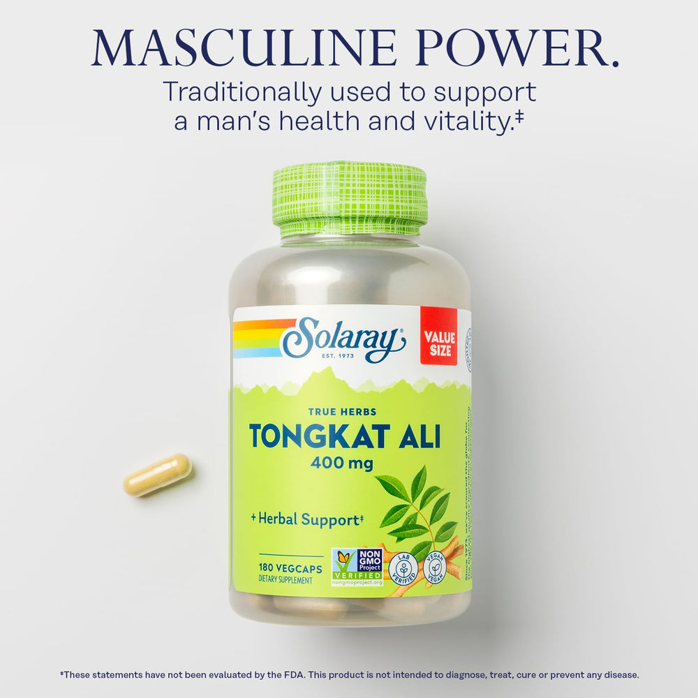 SOLARAY Tongkat Ali label indicating vegan and non-GMO quality