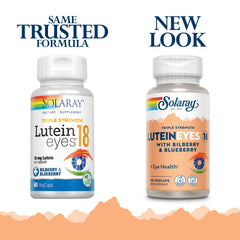 SOLARAY Lutein Eyes capsules close-up highlighting natural lutein and zeaxanthin for vision support.
