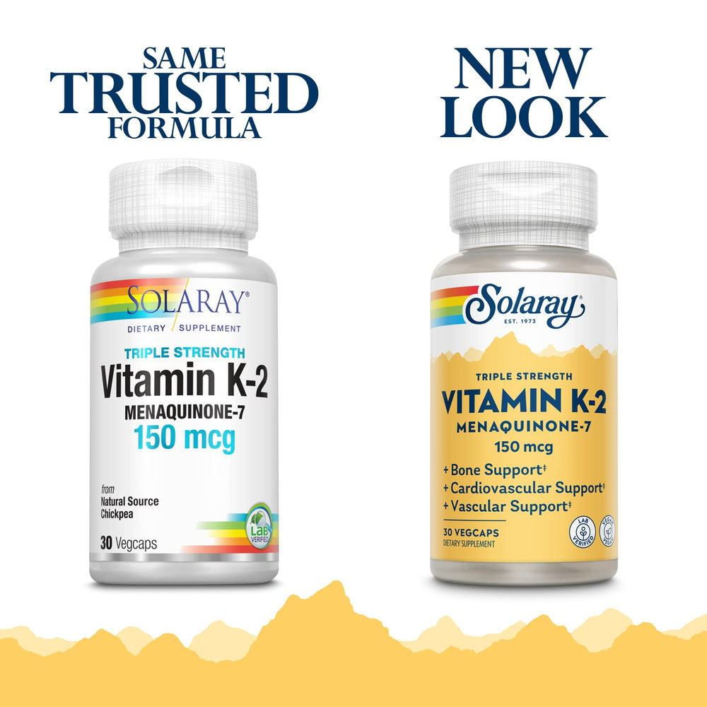 SOLARAY triple-strength Vitamin K-2 MK-7 bottle front shows 150 mcg potency for bone support