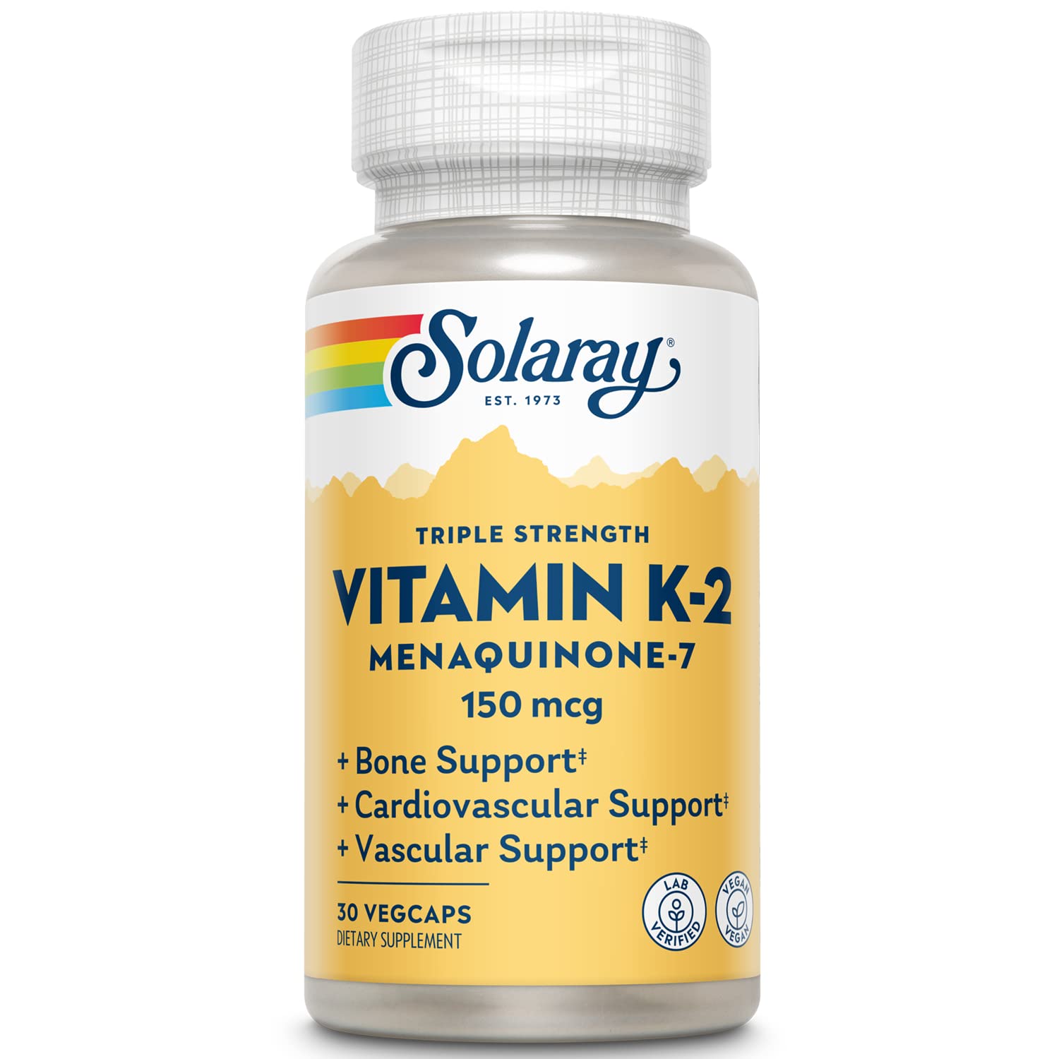 SOLARAY triple-strength Vitamin K-2 MK-7 bottle label highlights vegan potency for bone health