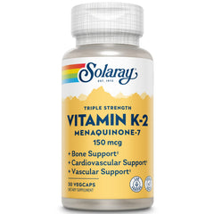 SOLARAY triple-strength Vitamin K-2 MK-7 bottle label highlights vegan potency for bone health