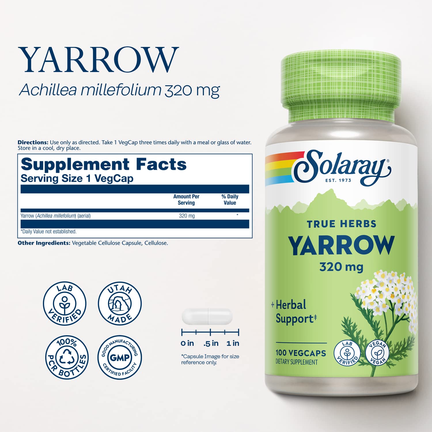 SOLARAY True Herbs Yarrow bottle for convenient daily use.