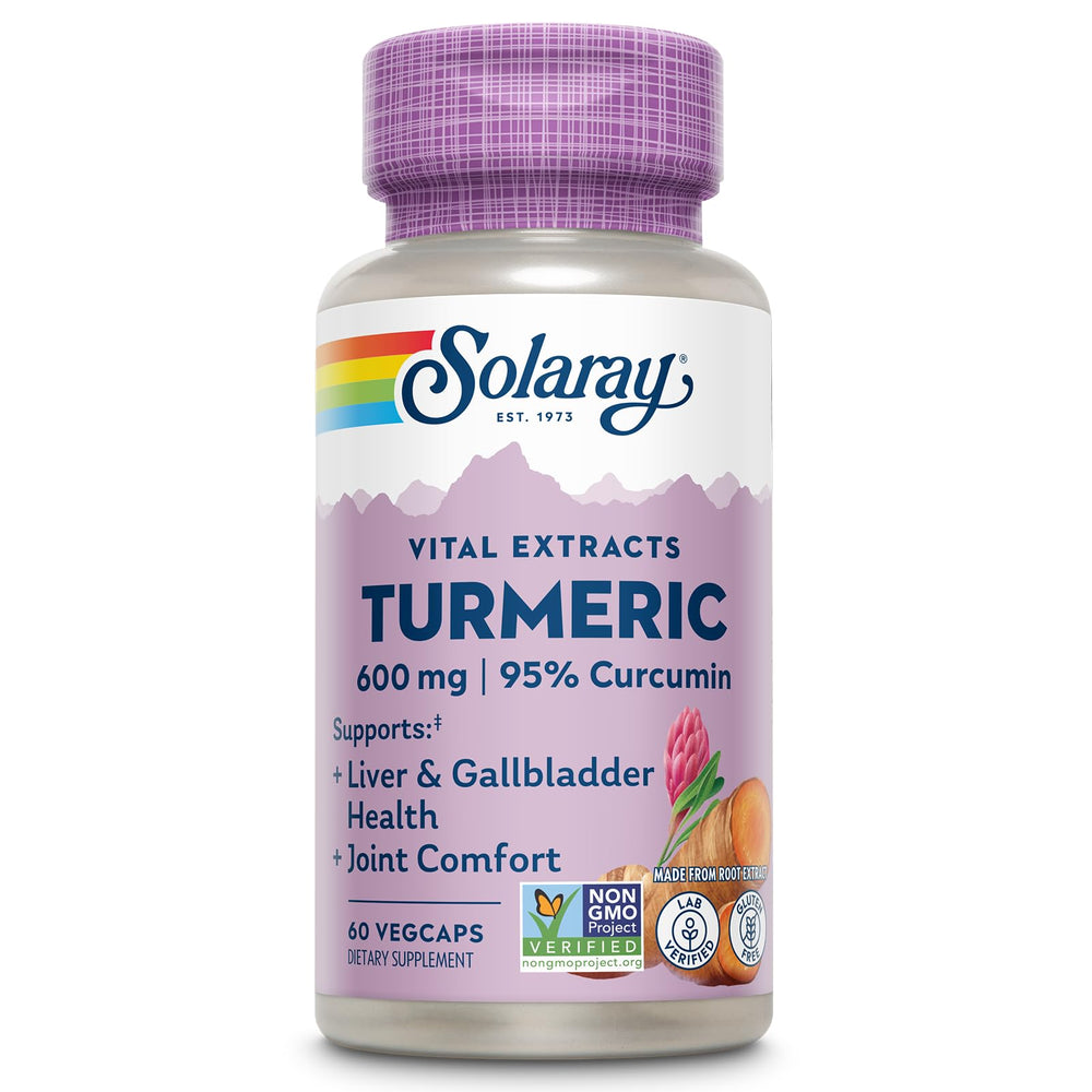 SOLARAY turmeric 600mg bottle on display signaling daily joint support potential.