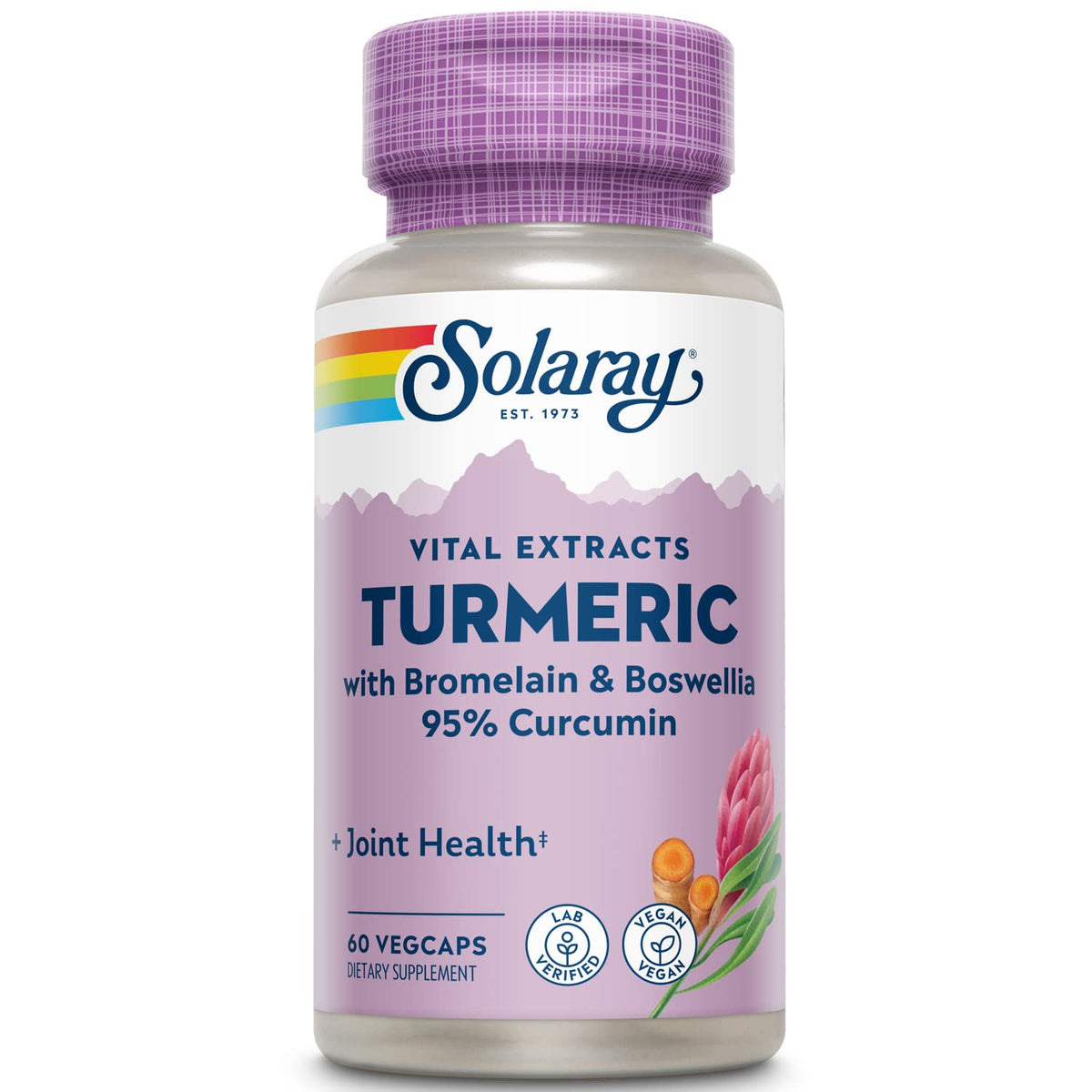 Solaray Turmeric bottle front indicating vegan joint support potential.