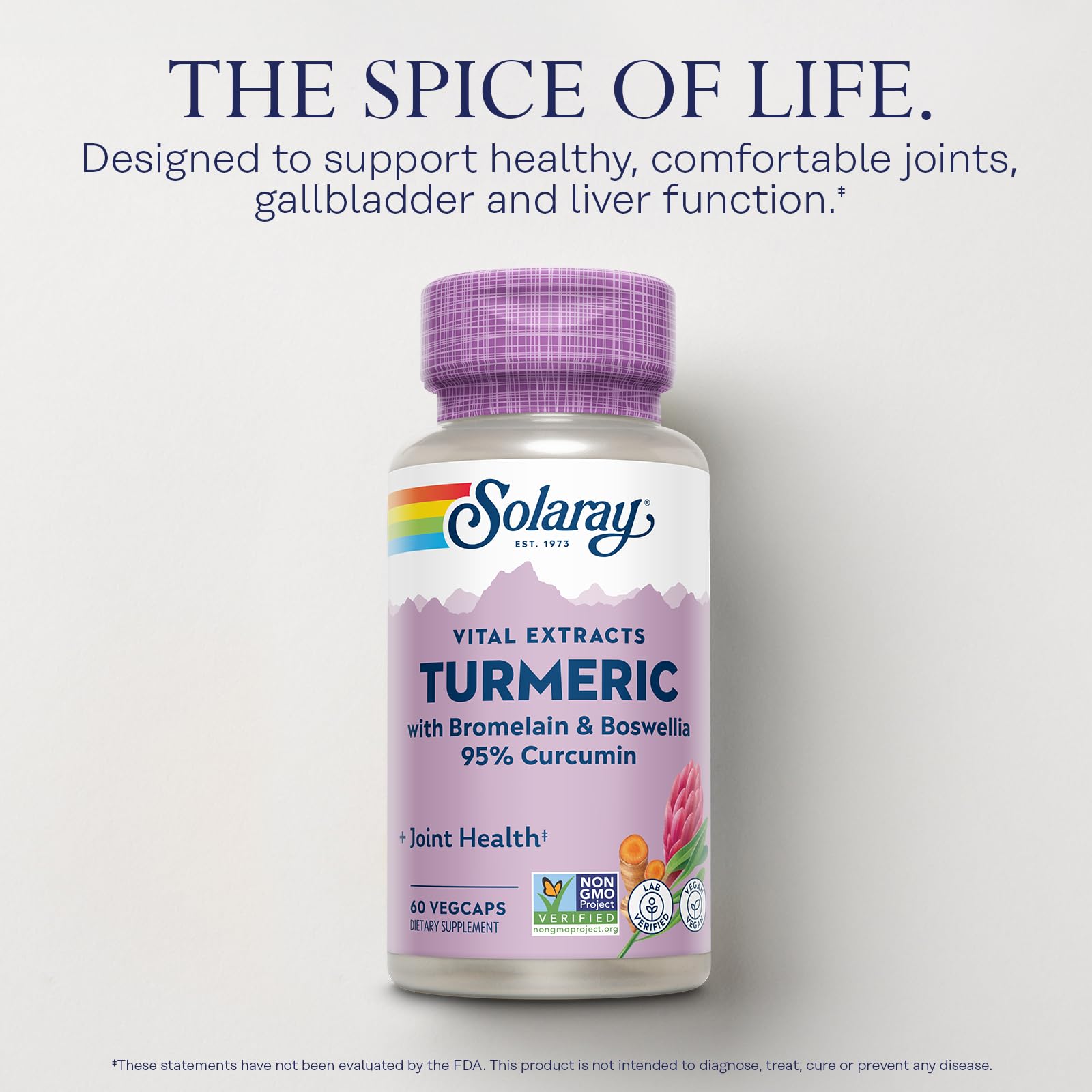 Solaray Turmeric capsule close-up reveals 95% curcumin per serving.