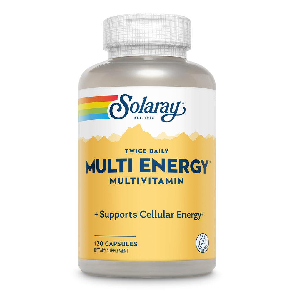 SOLARAY Twice Daily Multi Energy bottle on a clean surface, iron-free daily energy support.