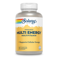 SOLARAY Twice Daily Multi Energy bottle on a clean surface, iron-free daily energy support.