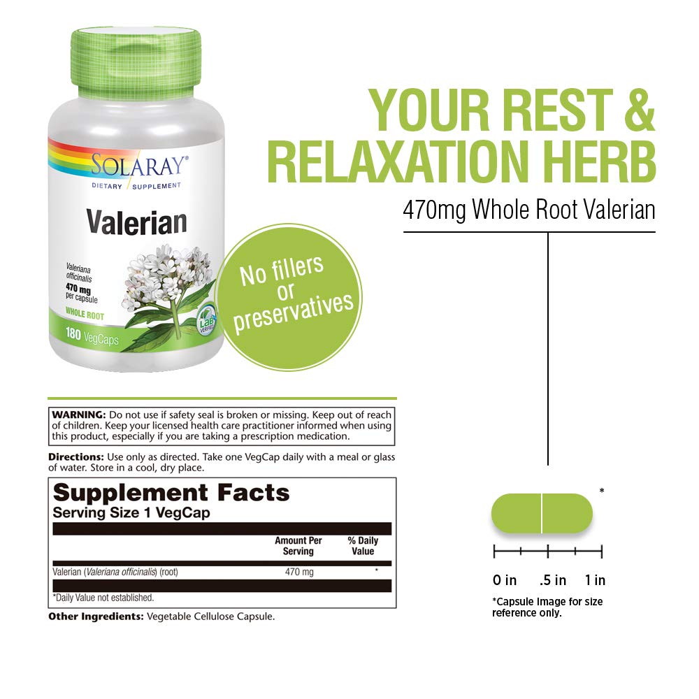Solaray valerian root capsules jar-front, ideal for everyday use
