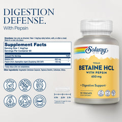 SOLARAY vegan betaine HCl with pepsin capsules for easy daily digestion