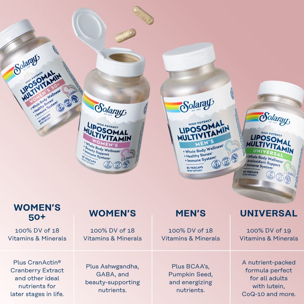 SOLARAY vegan, gluten-free multivitamin for women 50-plus emphasizing purity and ethical sourcing.