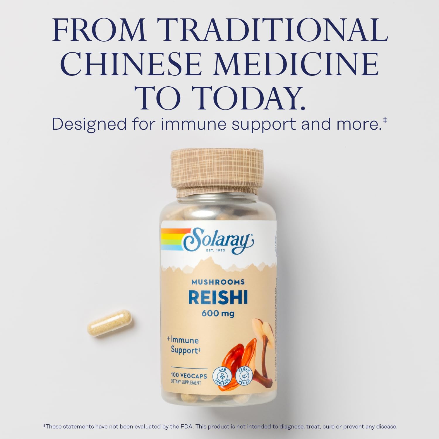 SOLARAY Reishi capsules sit in a clean jar, ready for daily immune support.