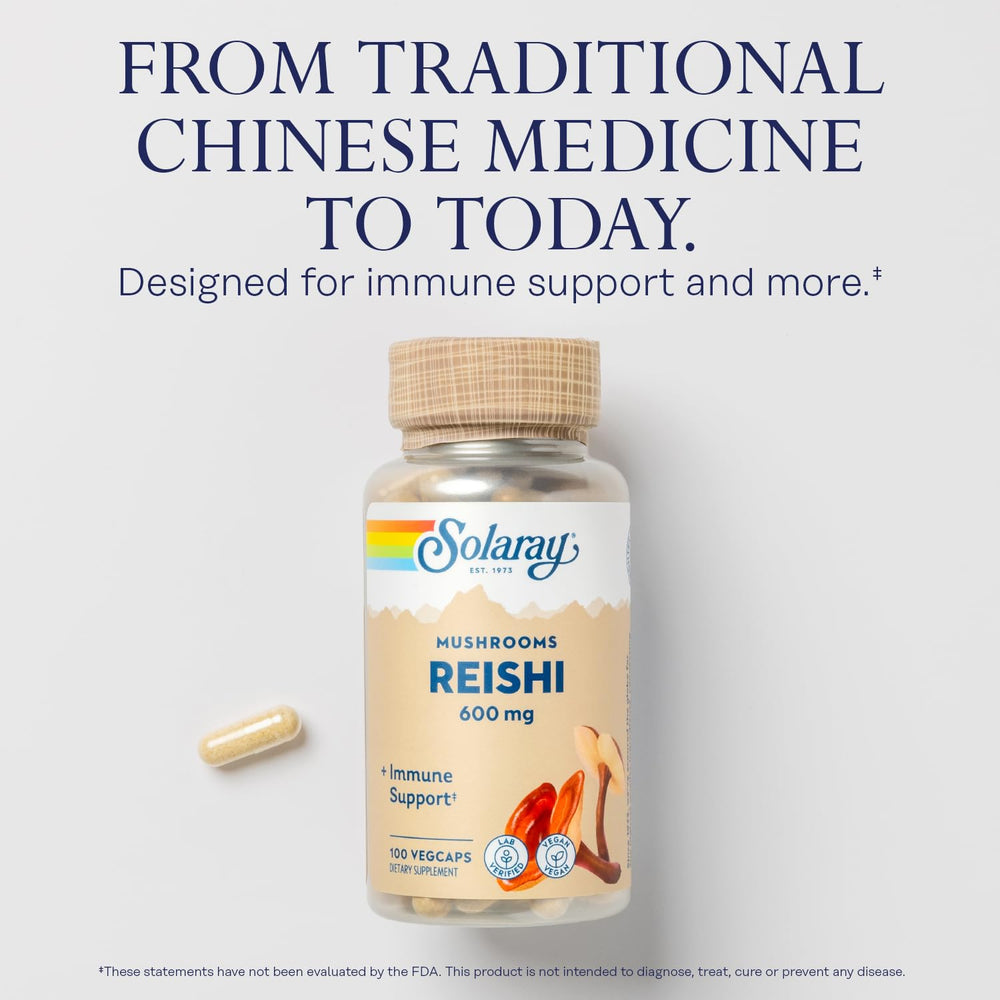 SOLARAY Reishi capsules sit in a clean jar, ready for daily immune support.