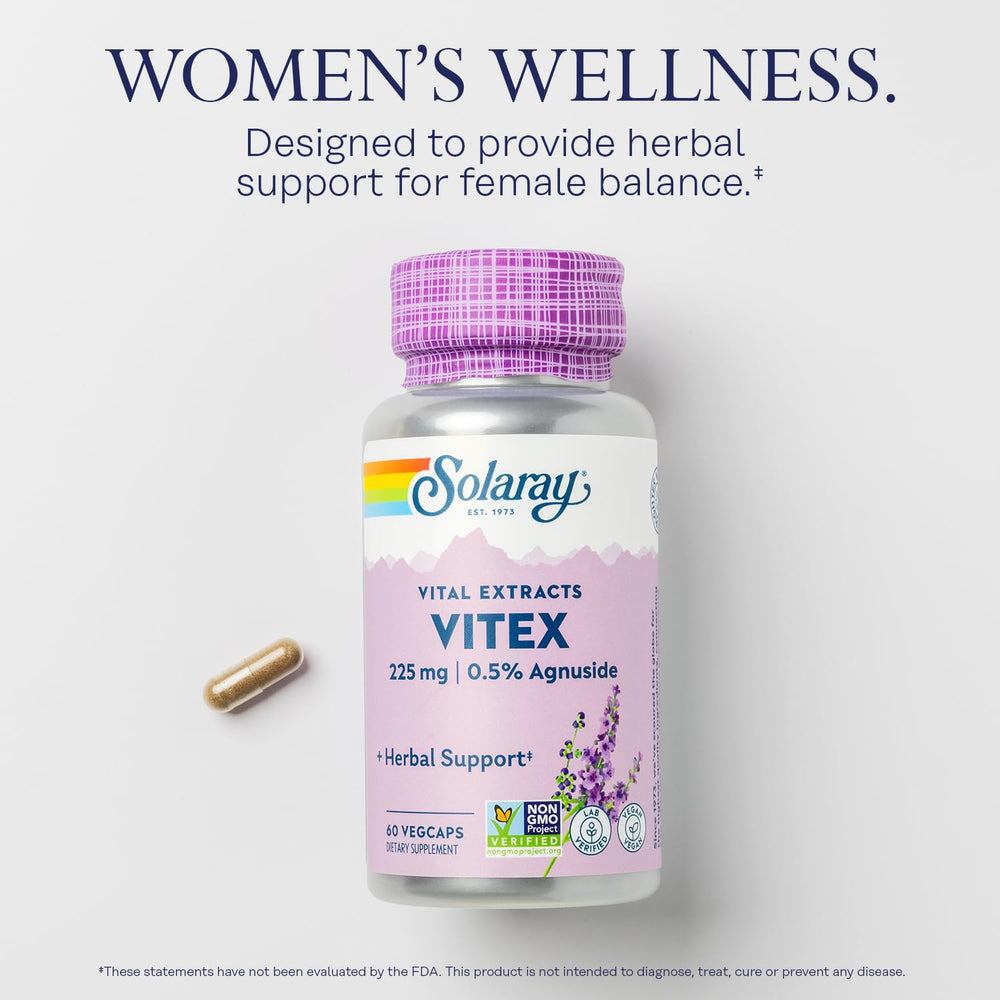 SOLARAY vegan Vitex capsules offering 60 servings for convenient daily use