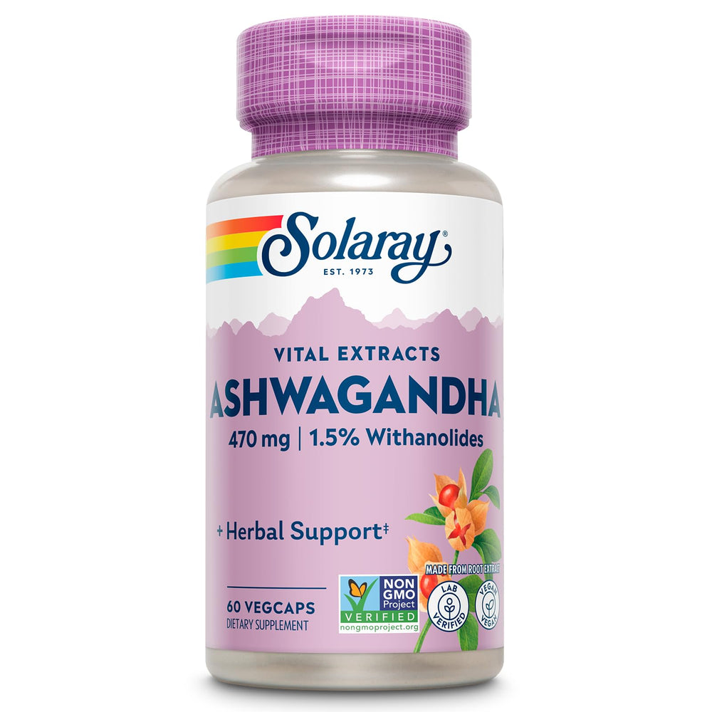 SOLARAY Vital Extracts Ashwagandha bottle close-up showing vegan, non-GMO wellness support.