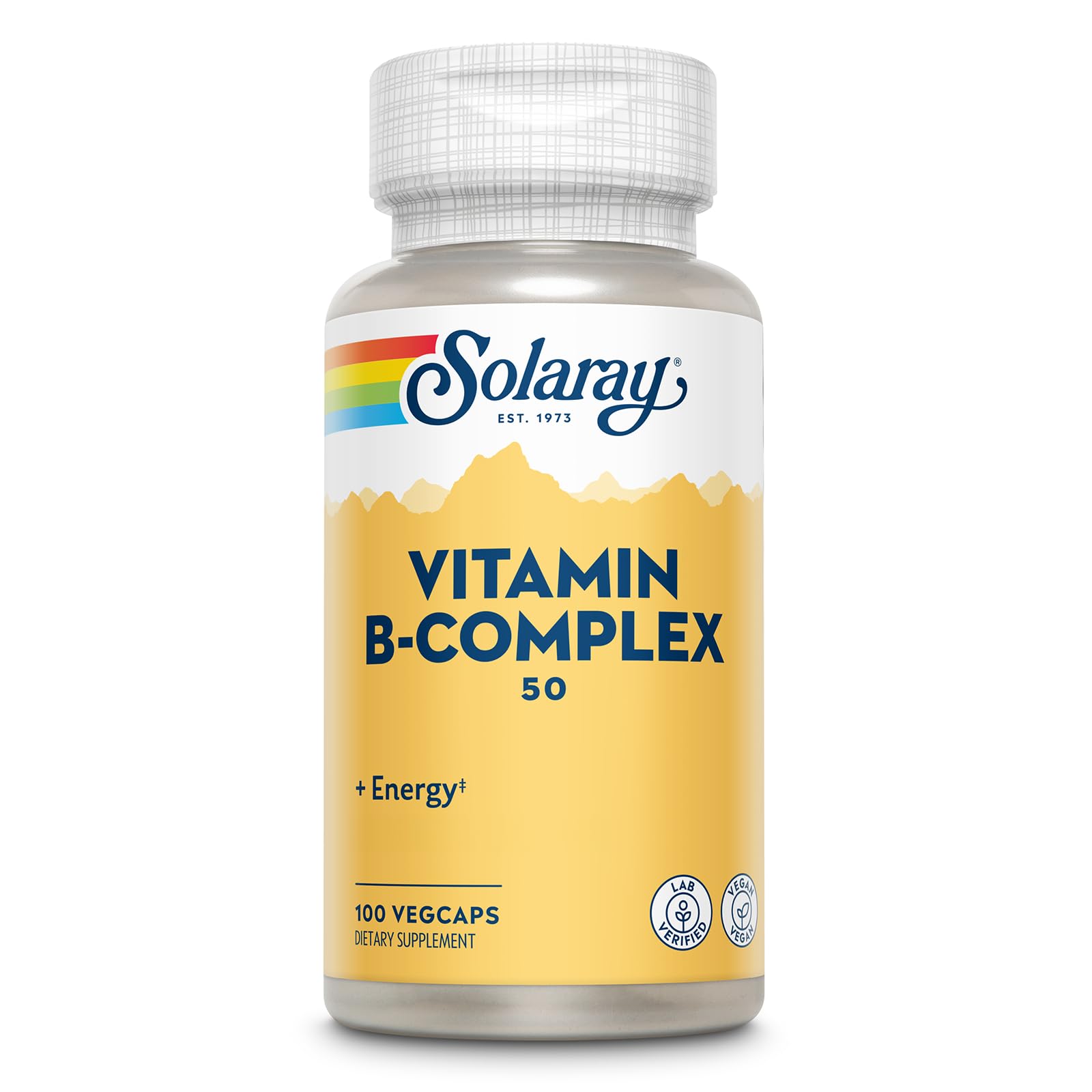 Solaray Vitamin B Complex bottle with 50mg capsules for daily energy support.