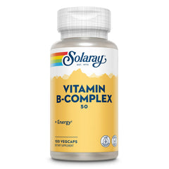 Solaray Vitamin B Complex bottle with 50mg capsules for daily energy support.